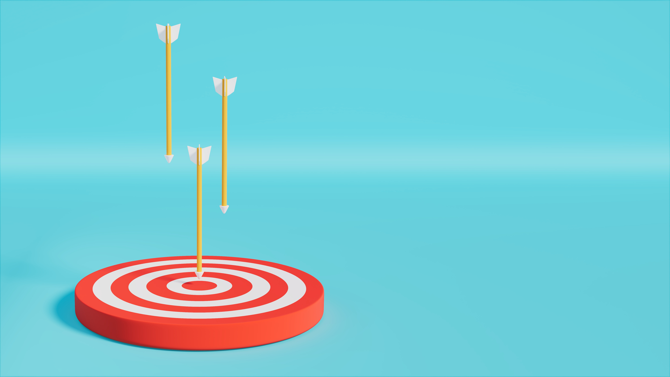 Gelbe Pfeile fallen auf Ziel Schießen Bord auf blaue Bühne, 3D-Rendering, Ziel und Leistung Thema, horizontale Position