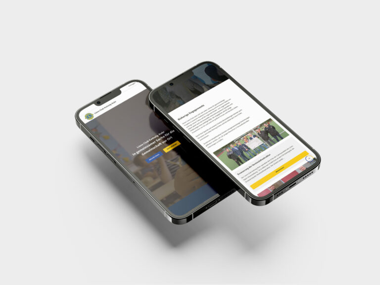 Zwei Handydisplays, auf denen die mobil optimierte Website des Lions Club Kettwig angezeigt wird.