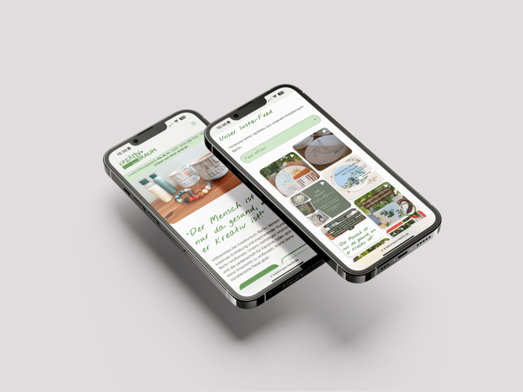Zwei IPhones mit der mobil angepassten Website von Kreativ Raum Berlin.